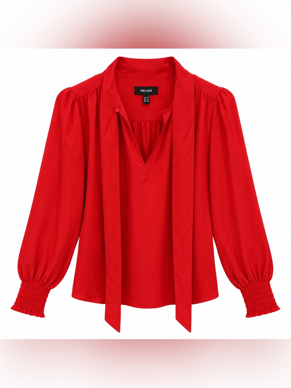 ME+EM Womens 6 Red 100% Silk Tie Neck Blouse Puff Sleeve Smocked Cuff Top